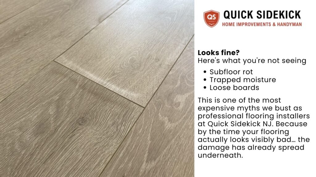Close-up of damaged hardwood flooring before repair by a New Jersey handyman