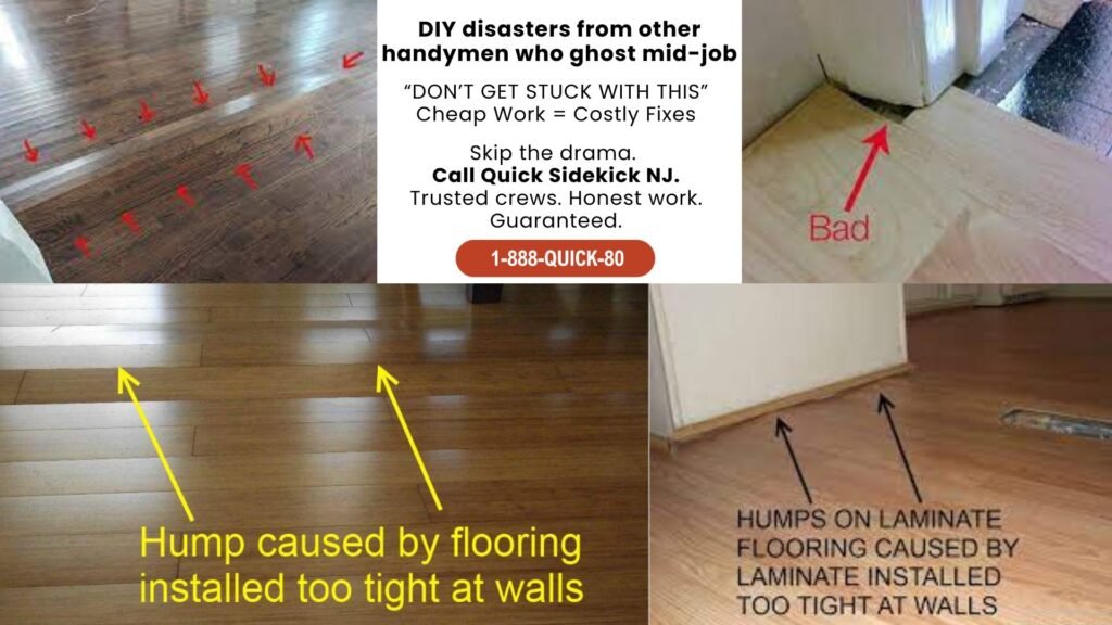 Example of a DIY flooring disaster showing uneven installation and damage
